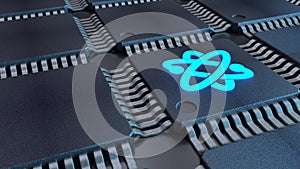 Grid of black chips with a blue atom symbol quantom computing co