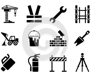 Collection of construction and safety icons representing tools and equipment