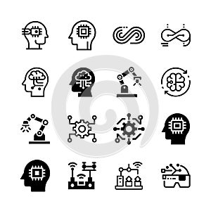 A grid of black and white icons representing concepts like artificial intelligence, robotics, and data processing.