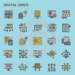 Grid of 25 computer-themed icons on a blue background, featuring various digital and