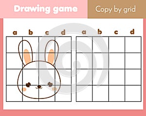 Grid copy worksheet. educational children game. Printable Kids activity sheet with bunny rabbit face. Copy the picture