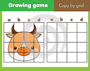 Grid copy worksheet. educational children game. Printable Kids activity sheet with cow face
