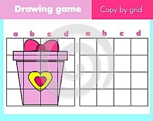 Grid copy worksheet. educational children game. Printable Kids activity sheet with gift box