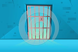 Grid door in cartoon style. Corridor. Hallway Prison cell interior with lattice. Jail room. Cartoon vector