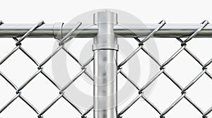 Grid with gate. Three segments silver colored fencing, perimeter protection barrier separated by metal poles, rabbit