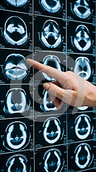 Grid of head and neck MRI scans with hand pointing for diagnosis.