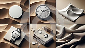 A grid of images featuring a minimalist watch against various textured backgrounds photo