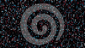 Grid with many colorful round particles. Computer generated 3d render of festive background.