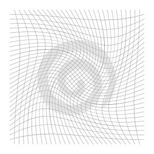 Grid, mesh of lines with circular spiral, twist, roll effect. Whorl, whirl, whirlpool pattern of perpendicular lines. Checkered