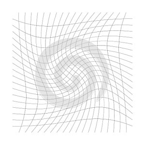 Grid, mesh of lines with circular spiral, twist, roll effect. Whorl, whirl, whirlpool pattern of perpendicular lines. Checkered photo