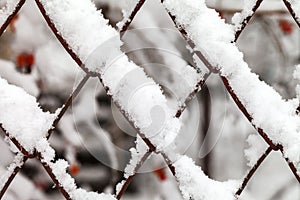 The grid of metal slabs is covered with snow.