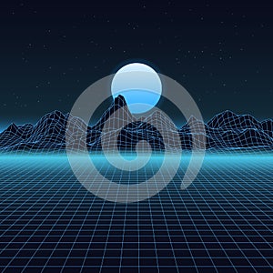 Grid mountain. Wire hills 80s video game line style, wireframe landscape futuristic wallpaper. Vector mountains with sun