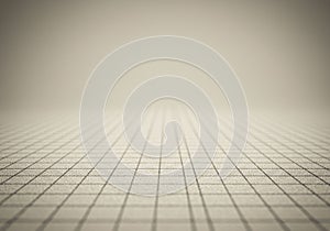 A grid pattern extends across a flat surface, creating a perspective effect. The grid is