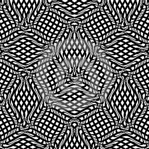 Grid pattern, mesh background of wavy, waving distortion, deformation on crossing lines. Jumble, cross-hatched lines. Interlace,