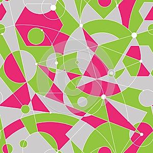 Grid seamless pattern with random geometric shapes and lines