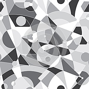 Grid seamless pattern with random geometric shapes and lines