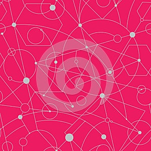 Grid seamless pattern with random geometric shapes and lines