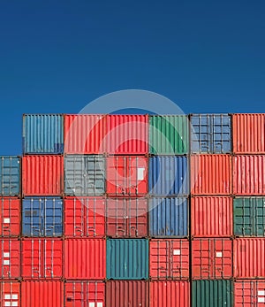 Grid of shipping containers against blue sky