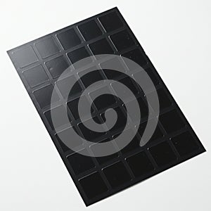 A grid of small, evenly spaced, black square stickers on a sheet against a white photo