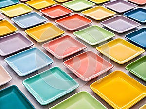 A grid of square plates in various colors