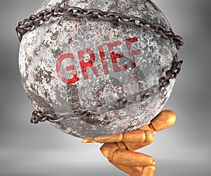 Grief and hardship in life - pictured by word Grief as a heavy weight on shoulders to symbolize Grief as a burden, 3d illustration