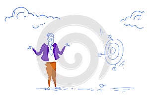 Grieved businessman miss unsuccessful shot target goal business failure concept confused man sketch doodle horizontal