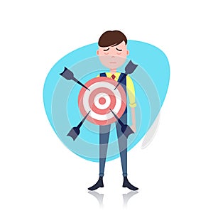 Grieved man character holding target arrow goal template for design work or animation over white background full length