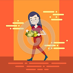 Grieved woman character holding paper world map template for design work or animation orange background full length flat