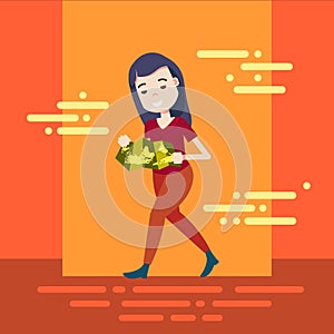 Grieved woman character holding paper world map template for design work or animation orange background full length flat photo