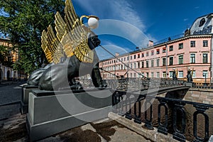 Griffins on the Bank Bridge. Bank bridge over the Griboyedov Canal