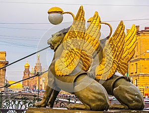 Griffins on Bank Bridge over the Kanal Griboyedov. In St. Petersburg, Russia