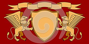 Griffins holding a shield. Shield with ribbon. Heraldry. Medieval emblem. Vector Iillustrations