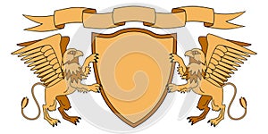Griffins holding a shield. Shield with ribbon. Heraldry. Medieval emblem. Vector Iillustrations