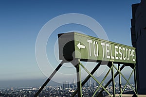 Griffith Observatory in Hollywood Los Angeles, view of the telescope sign