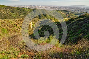 Griffith Park hiking trail and spectacular view of downtown Los Angeles