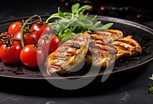 griled chicken breast steak with vegetable broccoli,carrot,onions, tomatoes. Geerative AI