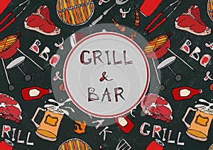 Grill Bar. Seamless Pattern of Summer BBQ Grill Party. Beer, Steak, Sausage, Barbeque Grid, Tongs, Fork. Black Board Background an