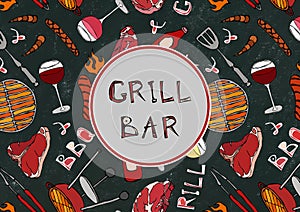 Grill and Bar. Seamless Pattern of Summer BBQ Grill Party. Glass Red, Rose White Vine, Steak, Sausage, Barbeque. Black Board Backg