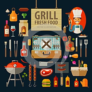 Grill, barbecue icons set. vector. flat