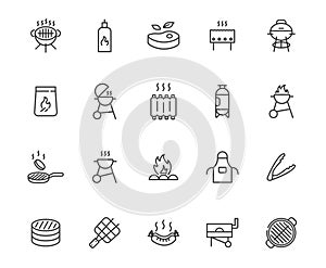 Grill barbeque vector line icon set. BBQ outdoor kitchen gas smoker outline icon butcher grill meat food.