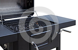 Grill, BBQ, fire, charcoal barbecue, closeup. Roaster grate for cooking outdoor.