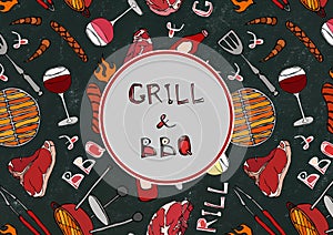 Grill and BBQ. Seamless Pattern of Summer BBQ Grill Party. Glass Red, Rose White Vine, Steak, Sausage, Barbeque. Black Board Backg