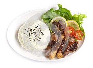 Grill Beef barbecue sauce with rice fusion food Japan style decorate with salad shitake mushrooms