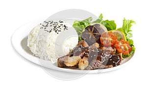 Grill Beef barbecue sauce with rice fusion food Japan style decorate with salad shitake mushrooms