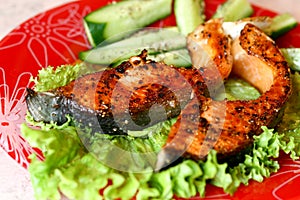 Grill broiled salmon steak