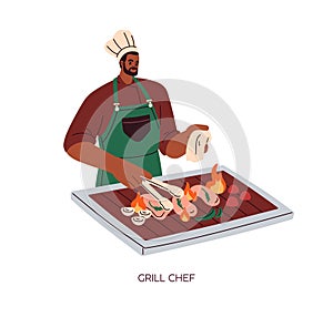 Grill chef. Professional kitchen worker cooking bbq food, frying meat steaks and vegetables on barbecue pan. Black man
