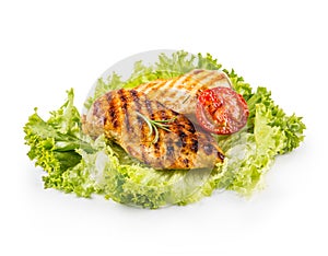 Grill Chicken Breast. Roasted and grill chicken breast with lettuce salad tomatoes and mushrooms isolated on white