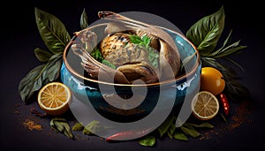 Grill Chicken whith Lemon and Grapes on Foody Theme Background AI Generative