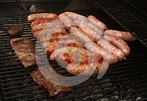 Grill cooking with chorizo sausages and skirt steak