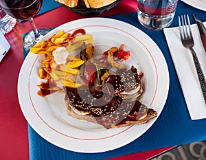 Grill dish Churasco of beef with barbecue sauce with vegetables